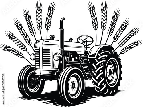 A black and white vector illustration of a vintage farm tractor framed by ripe wheat stalks in a graphic emblem style