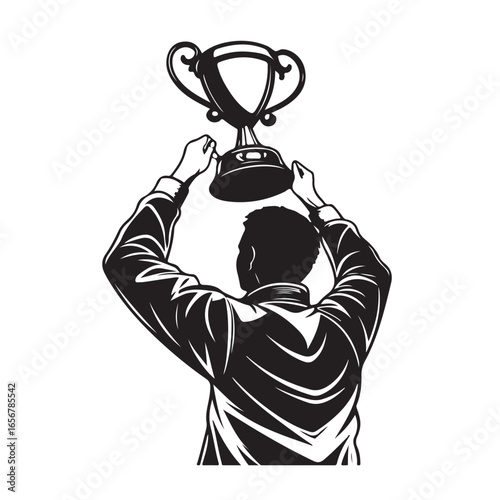 Silhouette of a triumphant athlete holding a championship trophy high above their head in celebration