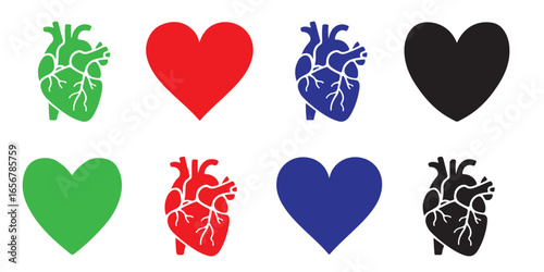 Eight heart icons in various styles and colors arranged on a white background in two rows