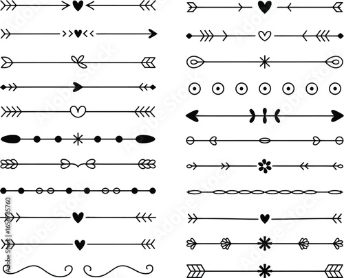 A collection of diverse hand-drawn doodle dividers, arrows, and decorative border elements, arranged in a grid on a pristine white background, perfect for design accents