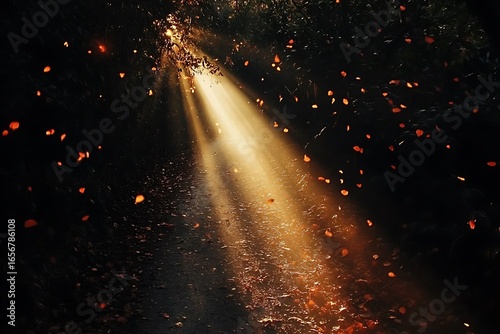 Golden light beam illuminating fiery sparks against dark background