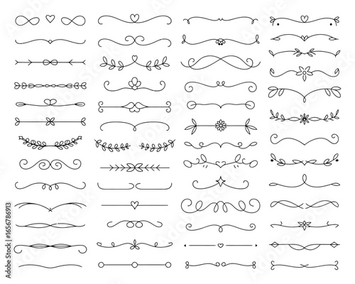 A comprehensive collection of elegant black line dividers, ornate flourishes, and decorative borders, perfect for enhancing various design projects, invitations, and stationery