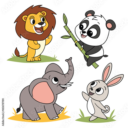 This playful illustration features four adorable cartoon animals: a smiling lion holding a stick, a cheerful elephant waving its trunk, a happy panda eating bamboo, and a cute white rabbit sitting wit