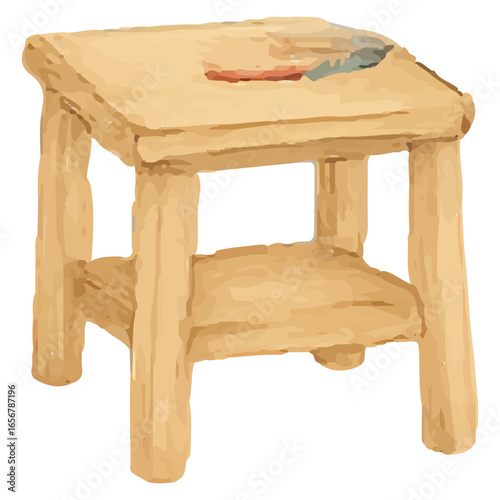 Wooden Work Table with Tools Watercolor Illustration