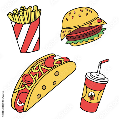 This colorful illustration features a variety of popular fast food items including a hamburger, fries, two hot dogs, a doughnut, a slice of pizza, and two different types of soft drinks with straws. T