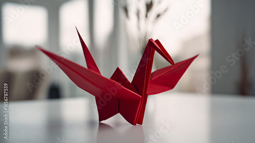 Red paper crane in a minimalist studio setup — origami as an art object and symbol.