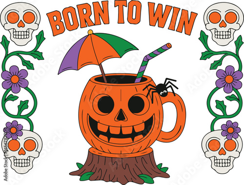 Orange pumpkin drink with skulls and flowers halloween illustration. T-shirt design pumpkin.