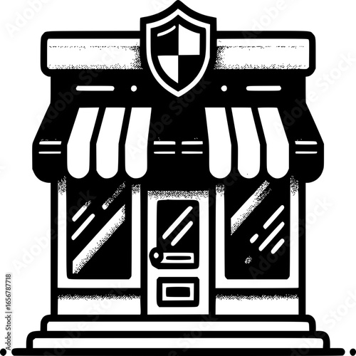 Secured Storefront: A modern, black and white illustration of a secure storefront, embodying safety and trust, is a visual metaphor for security and retail business.