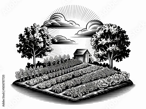 Monochrome Illustration of Vegetable Garden with Crops Trees and Shed with Sun Rays Breaking Through Clouds Farm Fresh Produce Concept