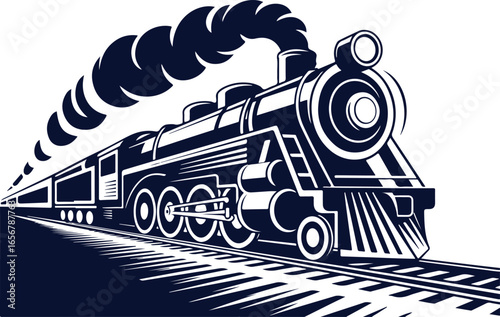 Vintage steam locomotive traveling on railway tracks with smoke train engine.