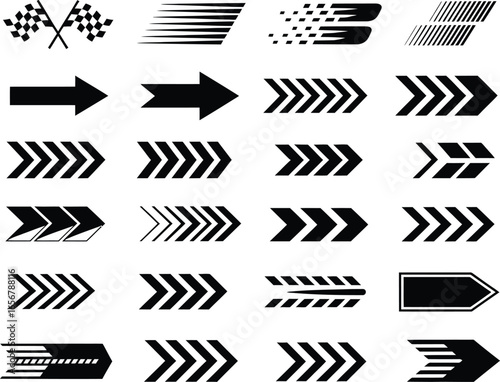 A diverse collection of black and white racing-themed arrows and speed elements in a grid design for rapid motion