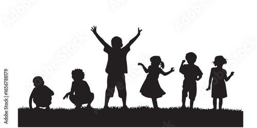 Silhouette of children playing and standing on grass against a white background outdoors in daytime