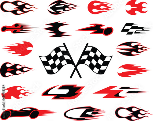 Race car vector graphics, flames, checkered flags, and speed icons for racing and automotive themes