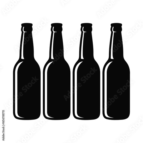Vector illustration of four beer bottles in black silhouette with highlights on a white background for beverage and bar concepts