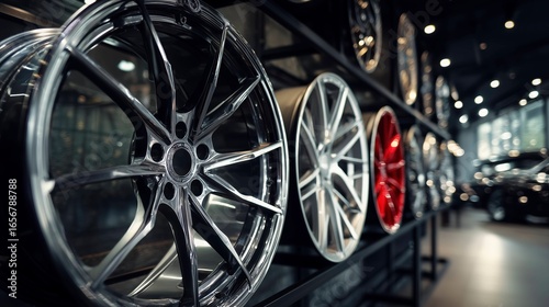 A display of various stylish car wheels showcased in a modern setting, highlighting their sleek designs and finishes.
