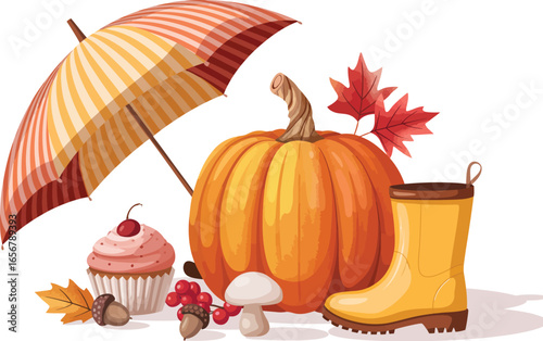 A richly detailed digital illustration presenting a delightful collection of classic autumn and fall season elements, artfully arranged on a pristine white background