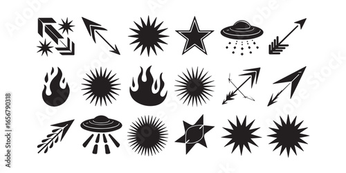 A collection of various black vector icons including stars arrows flames and a ufo on a white background