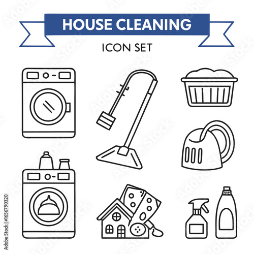 This image displays a set of simple black and white line icons related to house cleaning. It includes a washing machine, vacuum cleaner, laundry basket, cleaning liquids, a house with cleaning supplie