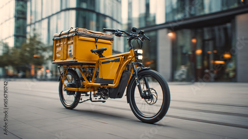 Electric cargo bike on an empty city street — micromobility for urban logistics and eco delivery.