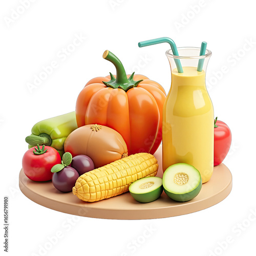 Colorful cartoon fruits and vegetables on a round wooden platter.