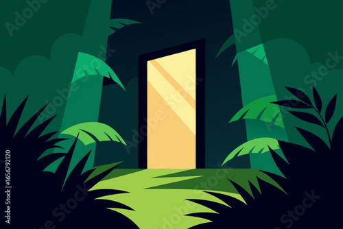 looming jungle doorway opening into bright light