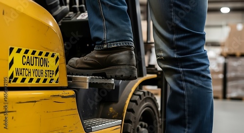 Close-up of a warehouse worker's boot on a forklift step next to a safety warning sticker.