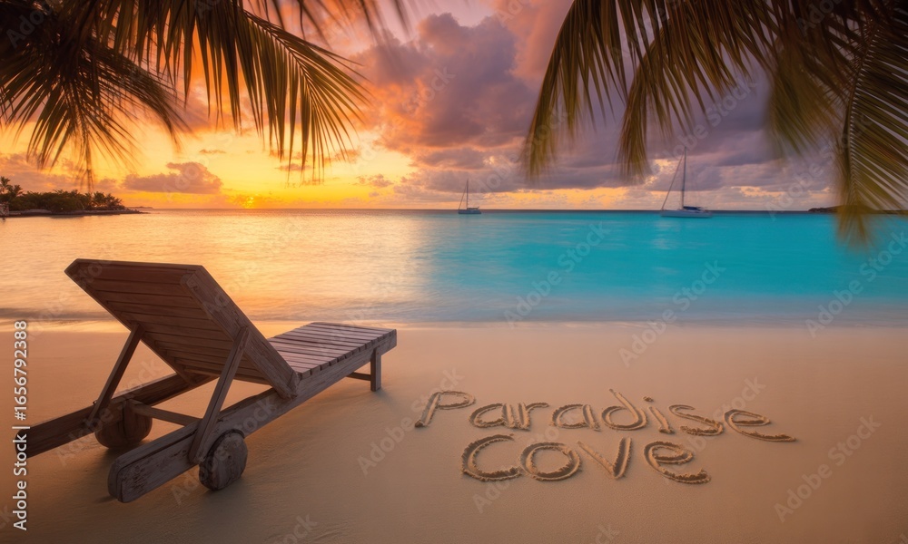 Fototapeta premium Tropical beach paradise at sunset. Wooden chaise lounge on sandy shore