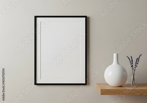 Empty black frame hangs on a neutral wall above a wooden shelf with a white vase and lavender.