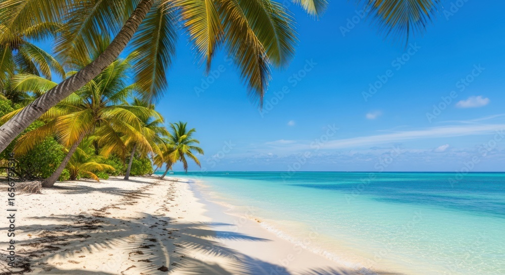 Obraz premium Tropical beach paradise. Sunlight on white sand, turquoise water, palm trees