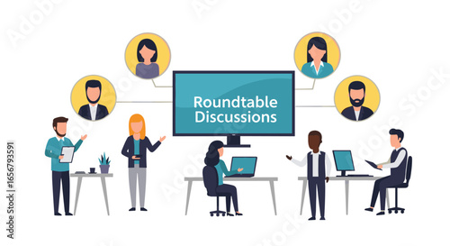 Diverse group of professionals engaged in a collaborative roundtable discussion, brainstorming ideas around a central monitor displaying the topic.