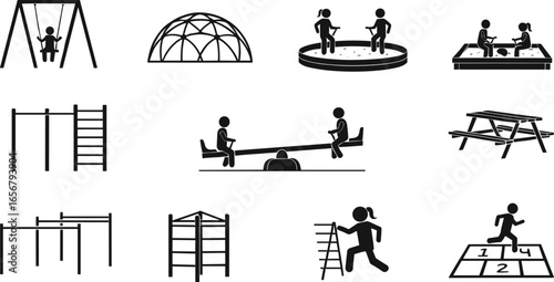 Silhouette playground equipment, children playing swing, sandbox, seesaw, climbing dome, picnic table, monkey bars, running girl, hopscotch game vector.