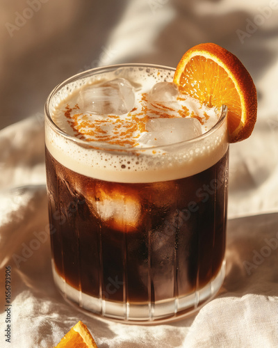 Cascara orange espresso tonic with ice cubes