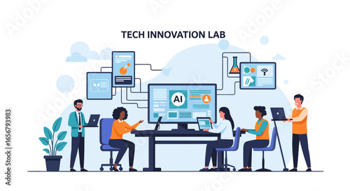A diverse team of professionals collaboratively develops artificial intelligence and innovative technology solutions within a modern tech innovation lab environment.