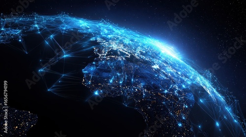 Digital Earth with interconnected luminous paths, network connection, global business.