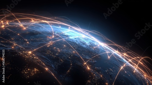 Digital Earth with interconnected luminous paths, network connection, global business.