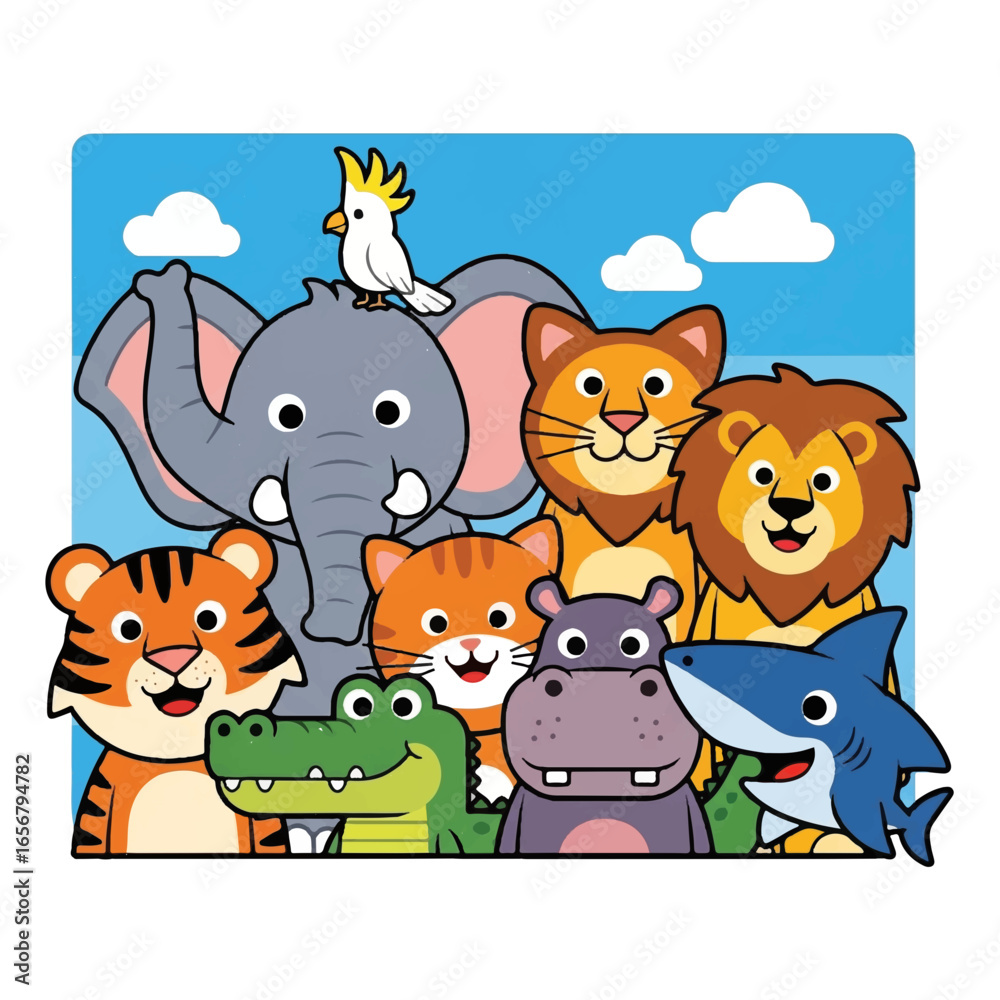 Naklejka premium Adorable Cartoon Animals Group Elephant, Lion, Tiger, and More, Cartoon Illustration