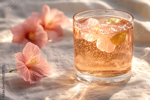 Sparkling hibiscus rose tea with edible gold leaf