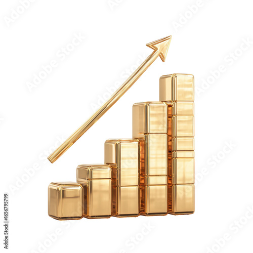 Gold bar graph with upward arrow, showing growth