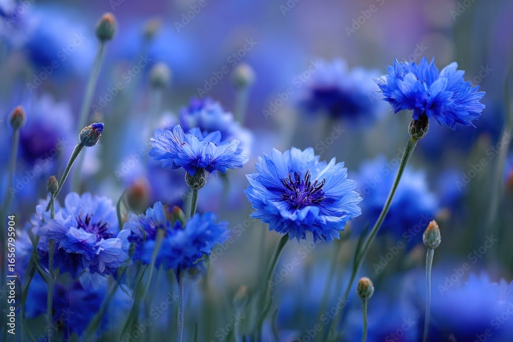 Fototapeta premium Wonderful blooming of Blue cornflowers on green background.