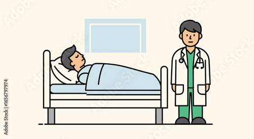 Compassionate Doctor Attending to a Patient in Bed: Illustrative Healthcare Scene Capturing Professionalism and Care in a Hospital Setting - Perfect for Medical Blogs, Articles, and Marketing
