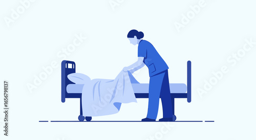 Dedicated Healthcare Worker Making a Hospital Bed Neat and Comfortable, Representing Compassionate Nursing Practice in Modern Medical Facilities, Ideal for Healthcare and Medical Training Content