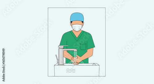 Dedicated Healthcare Professional in Surgical Scrubs Practicing Hand Hygiene at Hospital Sink: Essential Pre-Surgery Preparation to Ensure Patient Safety and Sterility in Modern Medical Environments