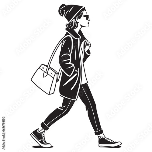 Stylish young woman in winter clothing and beanie walking confidently with a handbag and coffee cup silhouette