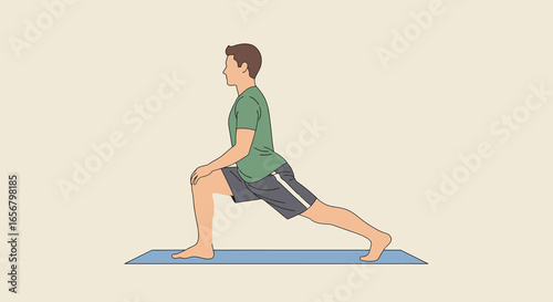 Dynamic Stretching in Progress: Male Performing Lunging Pose on Yoga Mat for Fitness, Health Improvement, and Flexibility Enhancement in a Calm Exercise Setting
