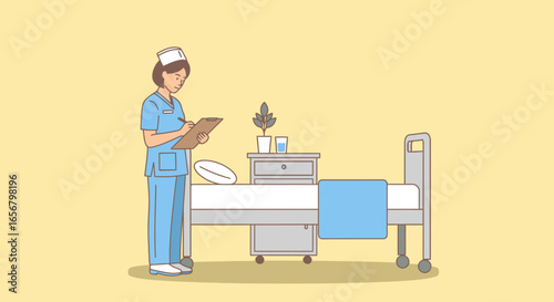 Dedicated Nurse in Scrubs Taking Notes on a Clipboard While Attending to a Patient's Bedside in a Calm and Modern Hospital Room Setting with Soft Yellow Background for Healthcare and Medical