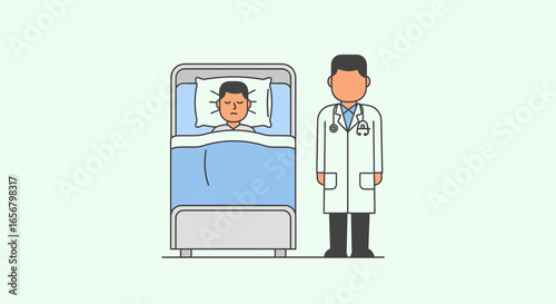 Healthcare Iconography Featuring a Doctor in a White Coat Standing Beside a Patient in Bed: Illustrating the Vital Role of Healthcare Professionals and Patient Care in Modern Medicine and Wellness