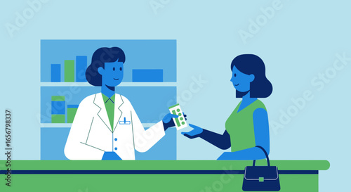 Friendly Pharmacist Assisting Customer in Contemporary Pharmacy, Handing Over Medication with Professional Care, Bright Colors and Minimalist Design Perfect for Healthcare and Wellness Marketing