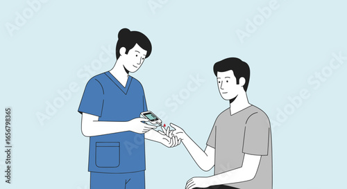 Healthcare Professional Assisting Patient with Blood Sugar Monitoring: Nurse Providing Glucose Test with Device, Promoting Diabetes Awareness and Management for Improved Health Outcomes