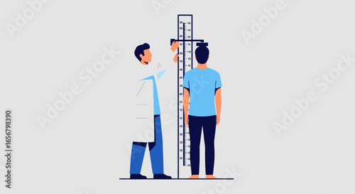 Healthcare Professional Measuring Patient Height with Height Chart in a Modern Medical Office for Wellness Evaluation, Health Assessment, and Age-Related Growth Tracking