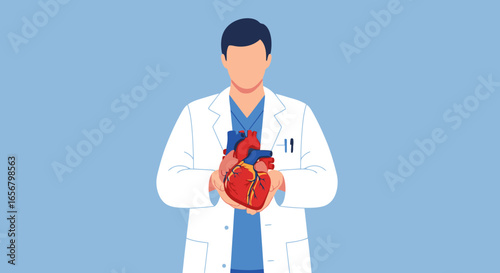 Professional Healthcare Provider in Scrubs and Lab Coat Holding a Human Heart Illustration, Symbolizing Medicine, Cardiology, Health Awareness, and Medical Education for Health-Related Content